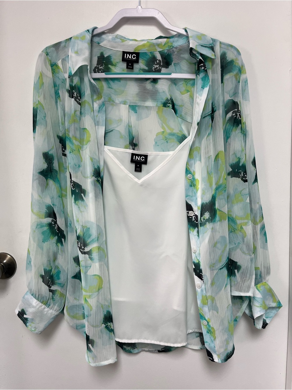 INC International Concepts White Tank with Teal and Green Floral Sheer Button-Up